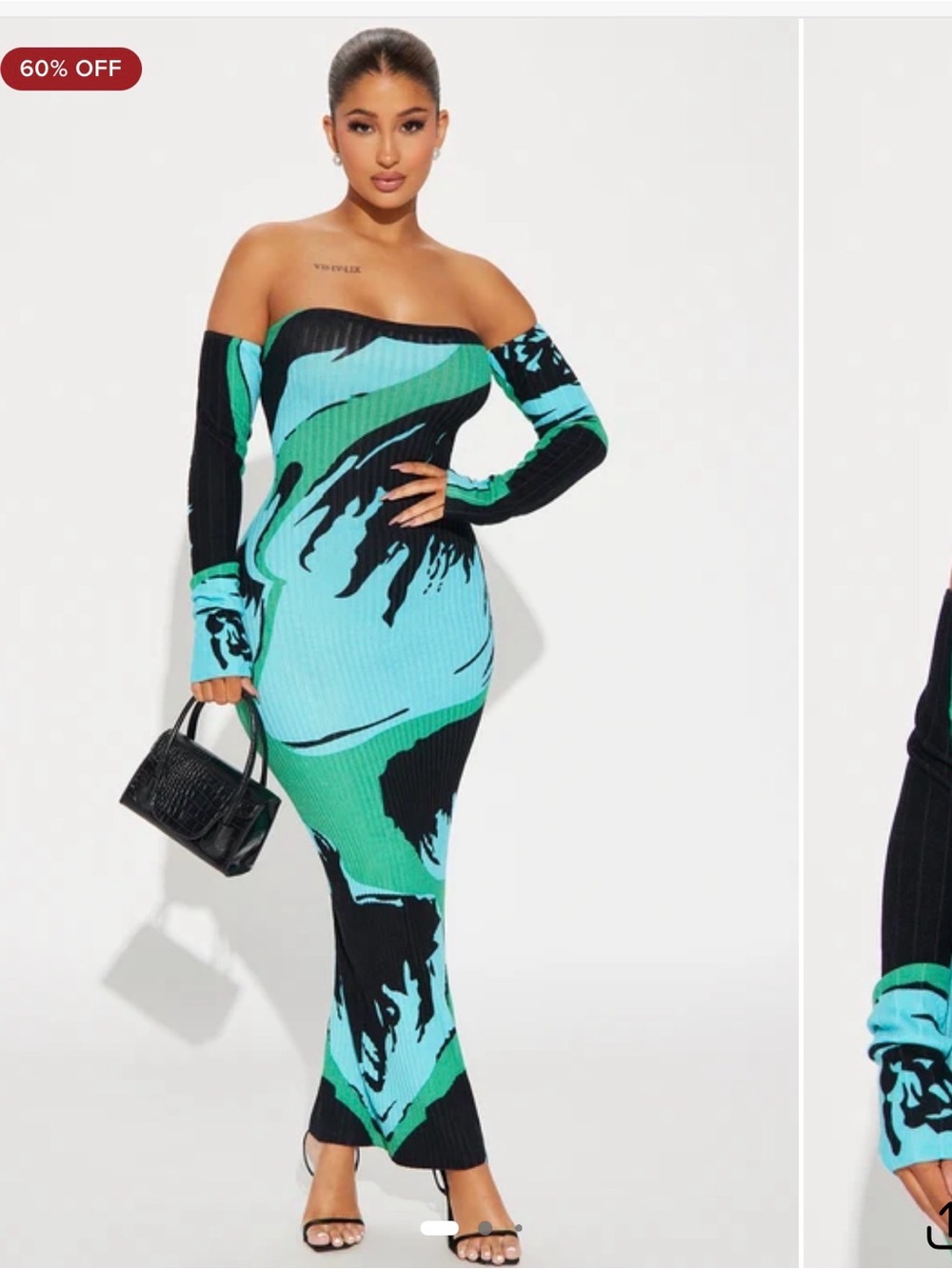 Fashion Nova Off-Shoulder Maxi Dress in Teal, Black & Green